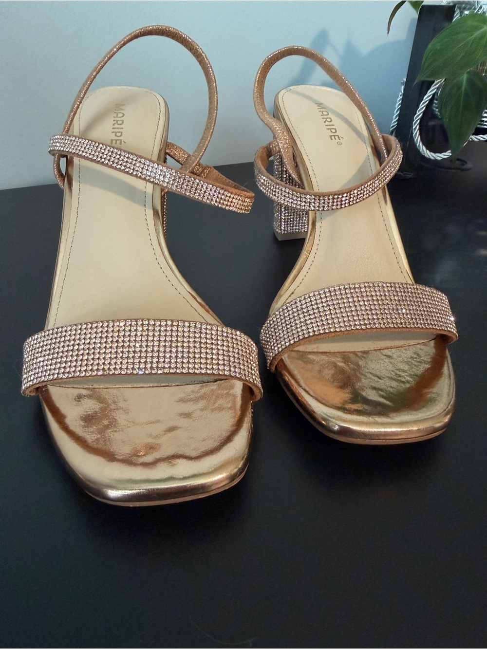 Maripe Rose Gold Rhinestone Strappy Block Heel Sandals